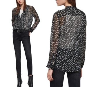 AllSaints Black White Sheer Cada Scatter Pintuck Pleat Long Sleeve Shirt Small